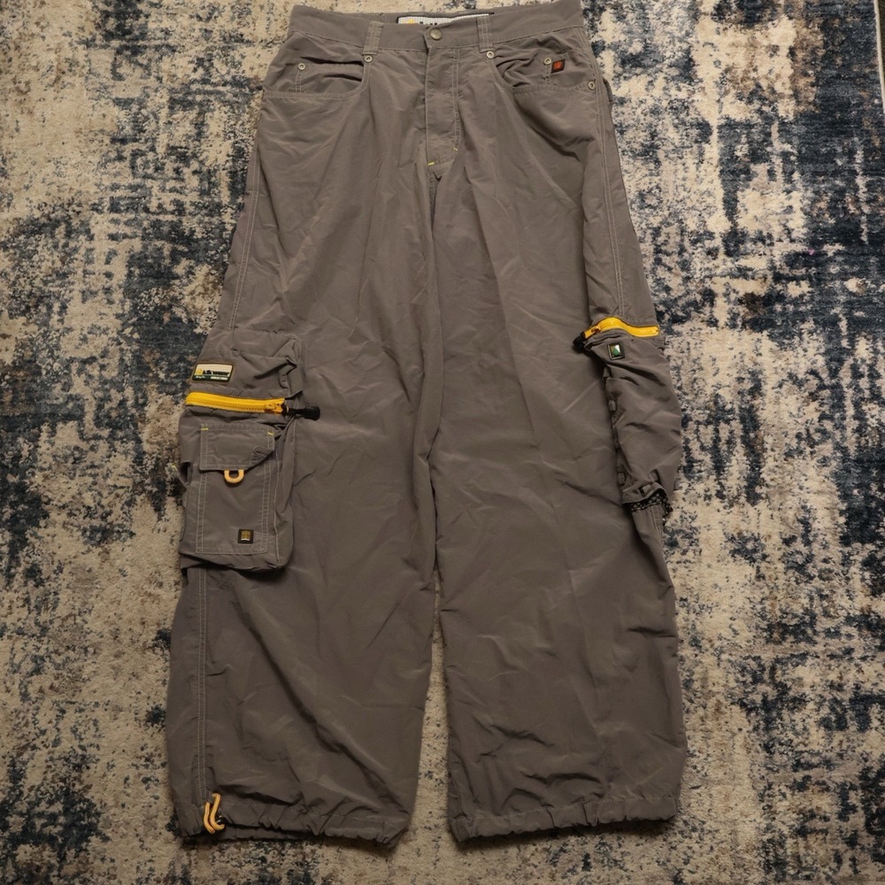 Vintage Kikwear Rising Sun Grey Cargo Pants 32x30 Rave Skater JNCO style FLAW